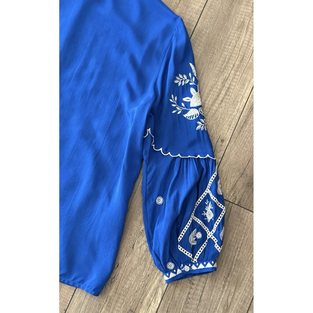 JOHNNY WAS Workshop Sm Blue Embroidered Top 100% Modal Button Up Scallop Sleeve - Picture 10 of 16